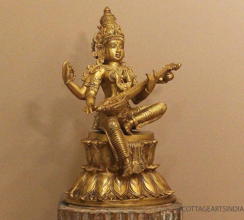 Brass Saraswati on Lotus Fine Carving