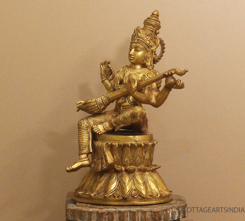 Brass Saraswati on Lotus Fine Carving