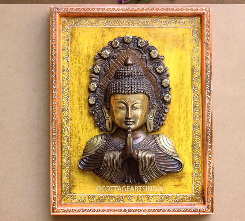 Brass Buddha Namaste Mask Wooden Frame