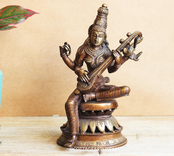 Brass Saraswati on Lotus Stand
