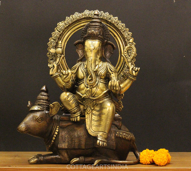 Brass Ganesha On Rat 16"