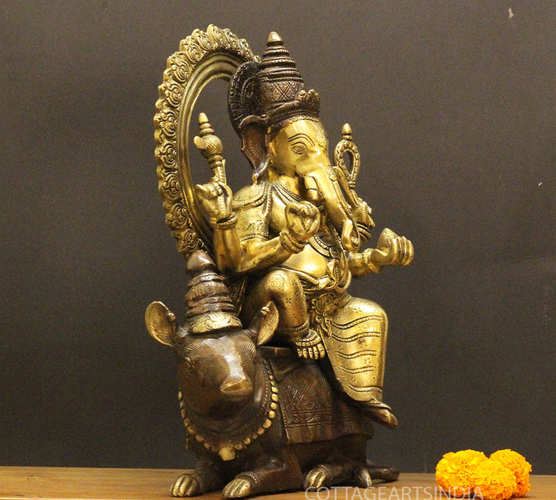 Brass Ganesha On Rat 16"