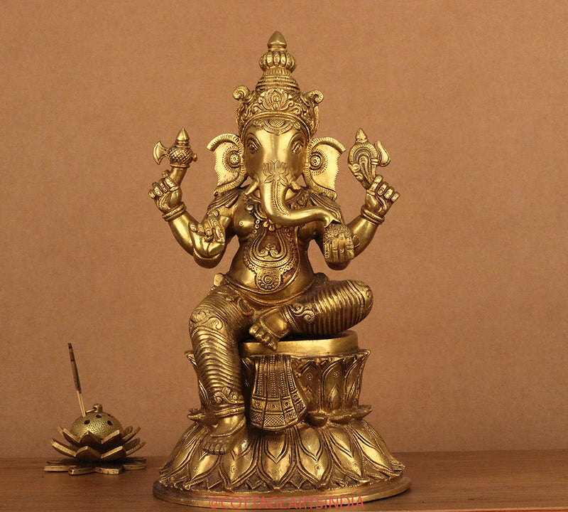 Brass Ganesh on Double Lotus Stand 15"