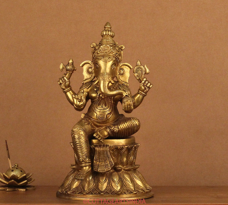 Brass Ganesh on Double Lotus Stand 15"