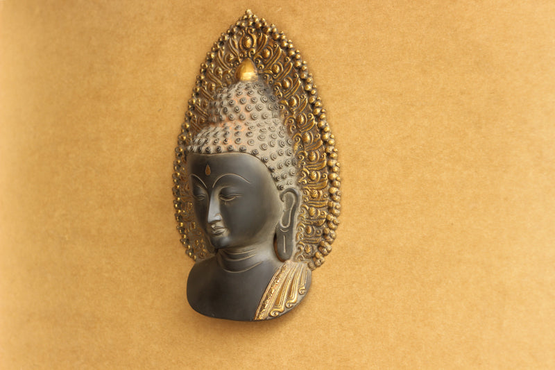 Brass Buddha Face Mask Black and Antique Gold Wall Hanging
