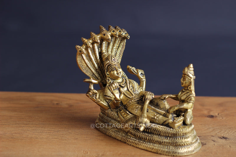 Brass Vishnu Narayan resting on Sheshnaag with Laxmi