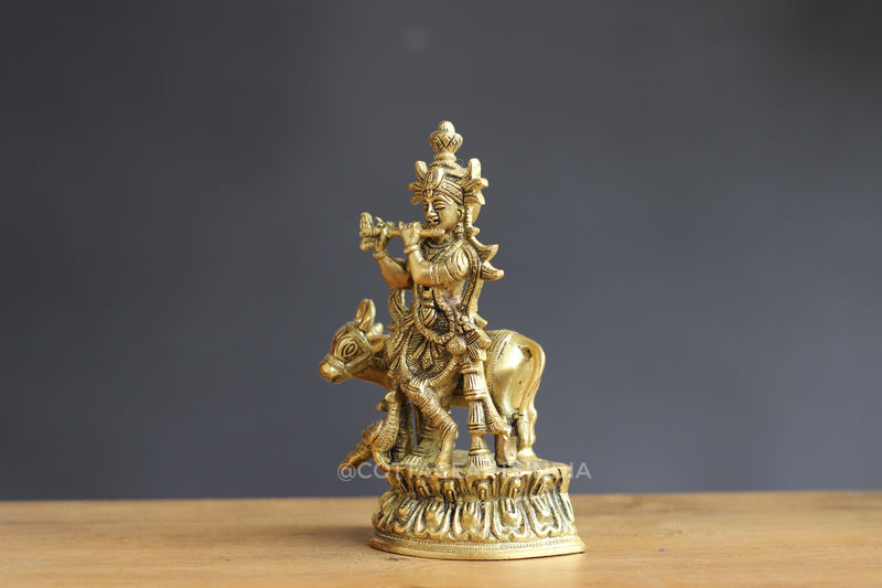 Brass Krishna with Cow 7"