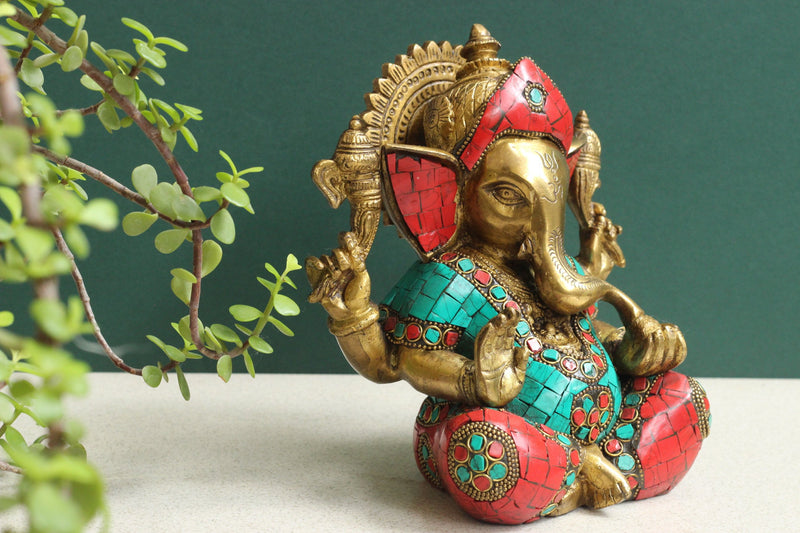 Brass Ganesha Stonework 7.5"