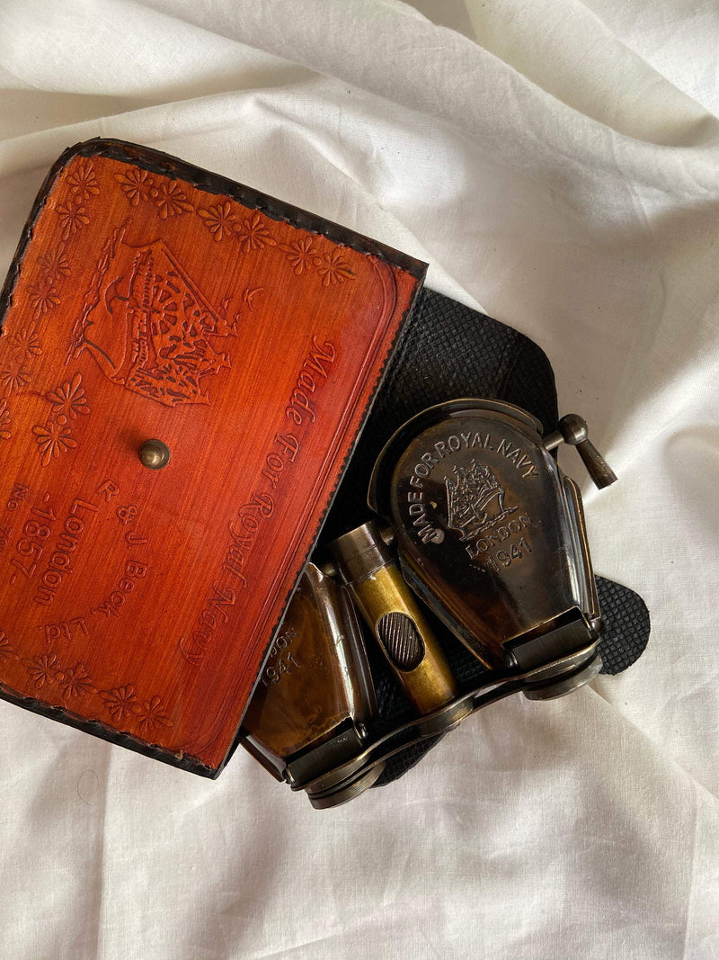 Nautical Vintage Look Brass Binoculars  With Leather Box
